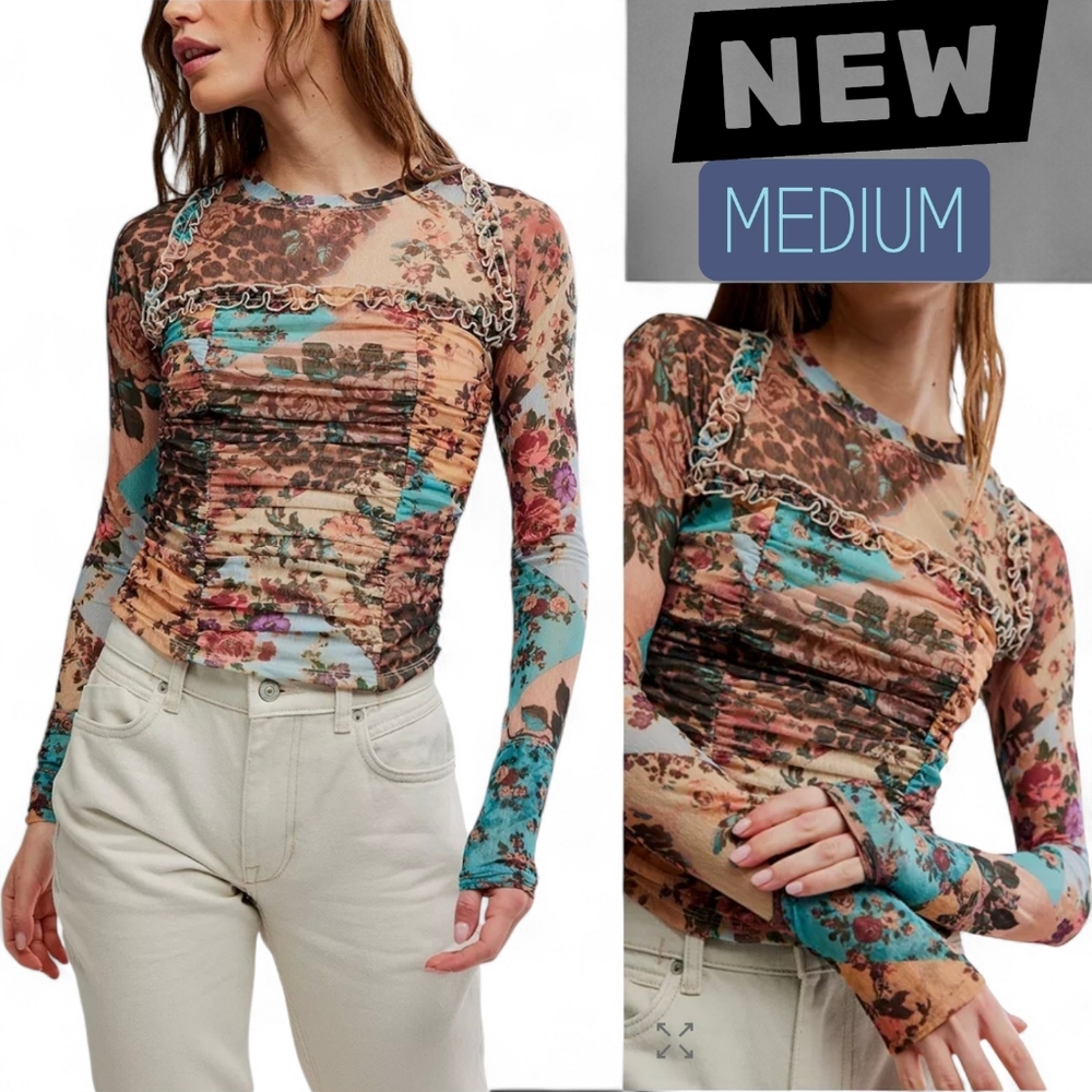Free People Taupe, Teal & Cream Floral Mix Ruched Mesh Long Sleeve Top
